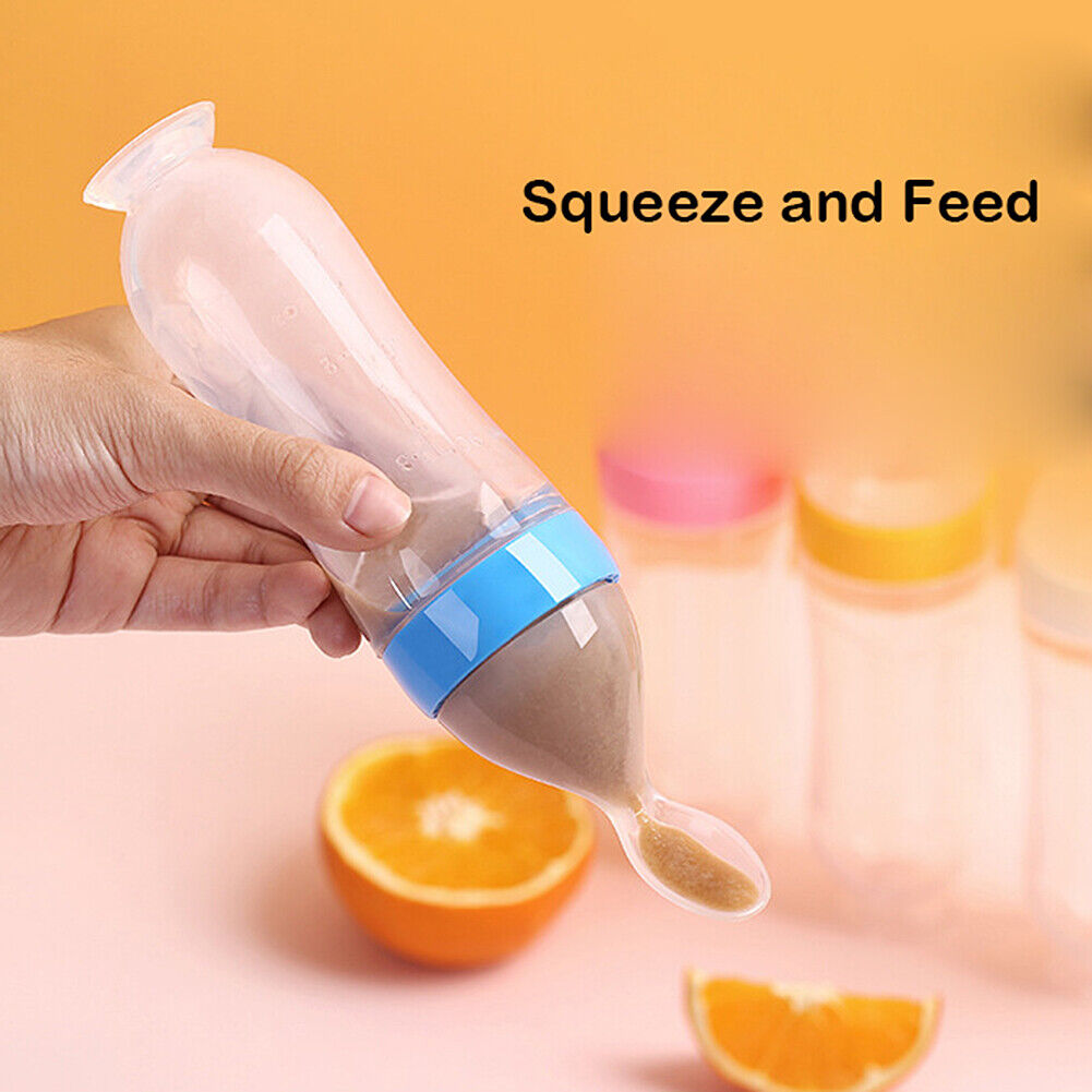 US Baby Silicone Squeeze Feeding Bottle w/Spoon Food Self-stand Feeder 3oz/90ML