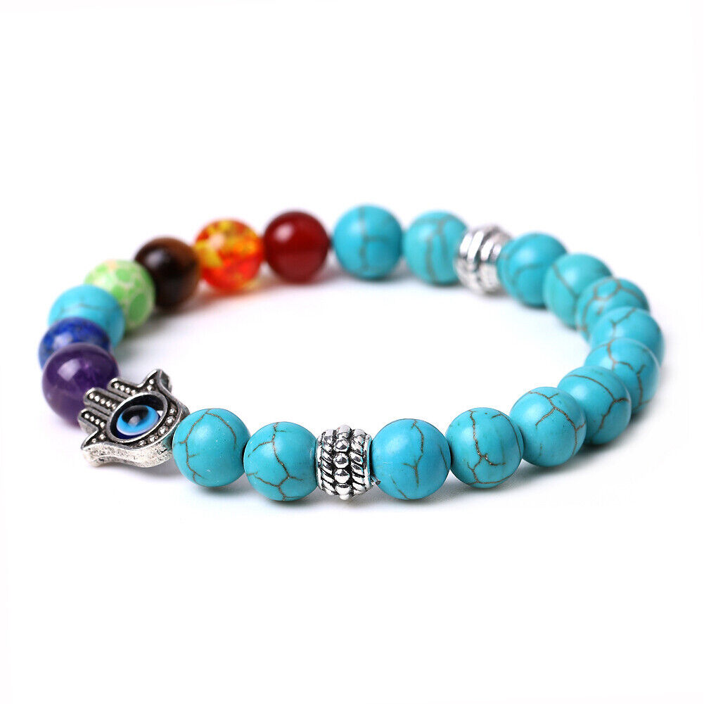 US 1-2Pcs Hamsa Hand Fatima 7-Chakra Lava Agate Beads Bracelet Reiki Energy Yoga