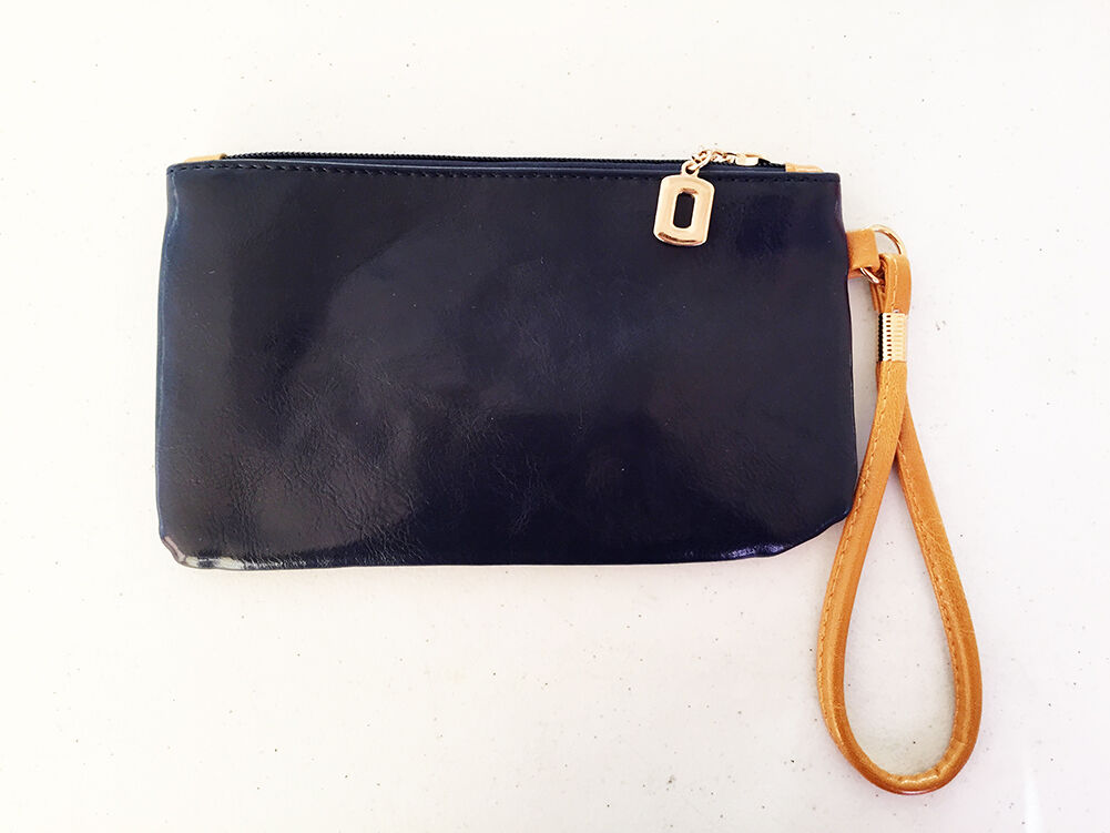 Soft PU Leather Basic Essential Envelope Style Clutch Wrist Bag with Wrist Band