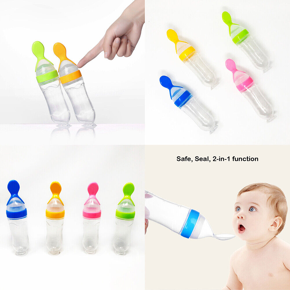 US Baby Silicone Squeeze Feeding Bottle w/Spoon Food Self-stand Feeder 3oz/90ML