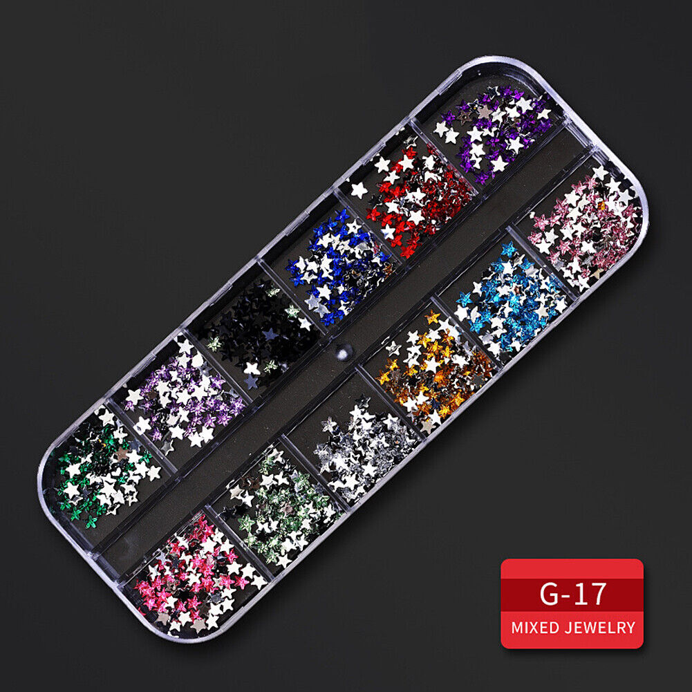 US 12 Grids Nail Glitter Flakes Sequins Rhinestones Pearl Nail Art Decorations