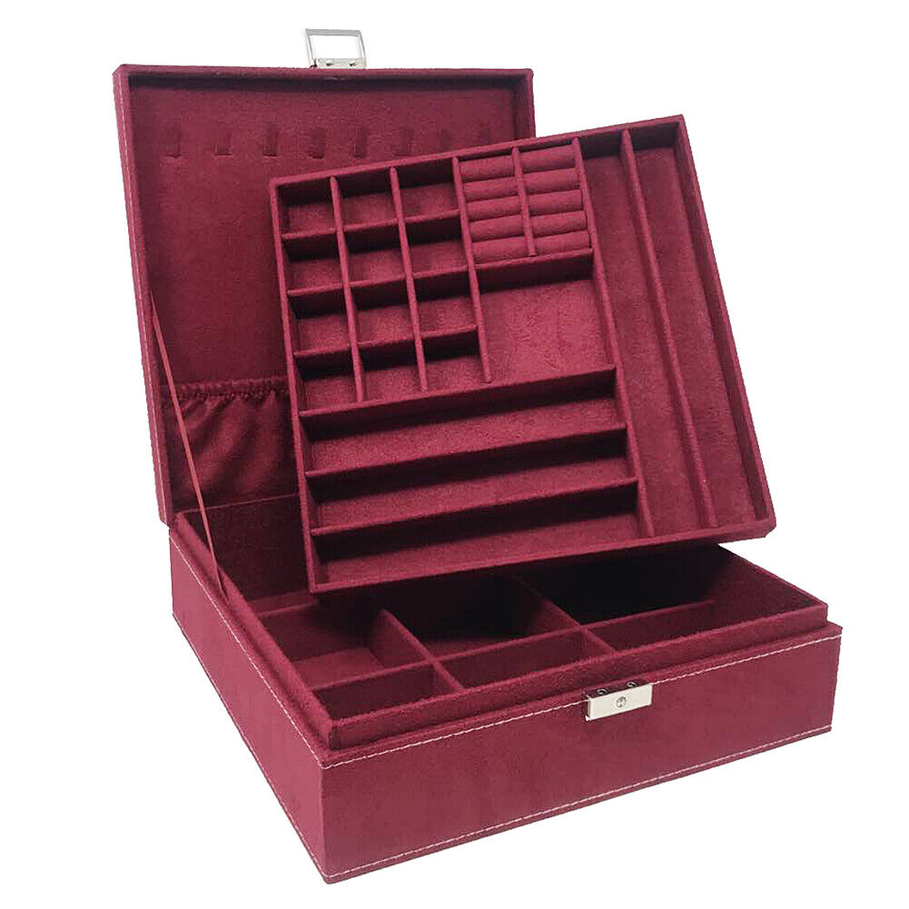 US Two-Layer Lint Large Jewelry Box Organizer Display Storage case with Lock