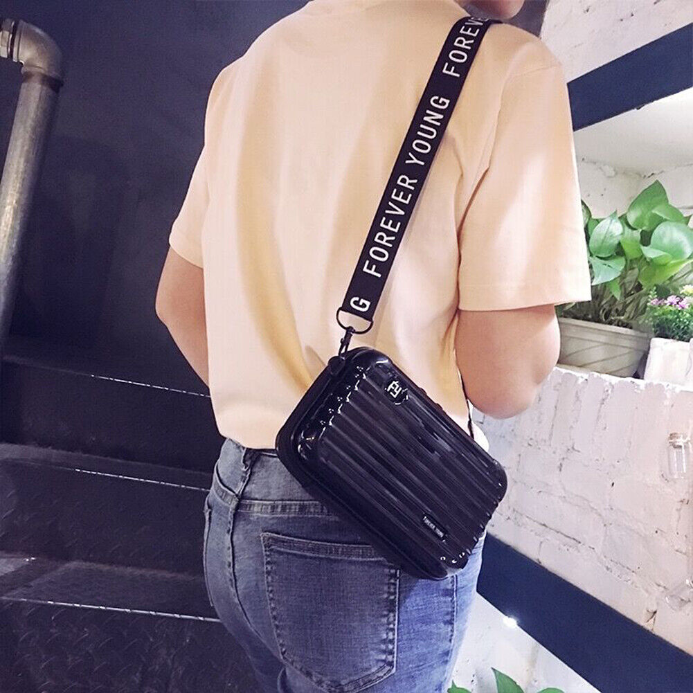 US Women Suitcase Box Shape Crossbody Shoulder Bag Letter Band Travel Carrying