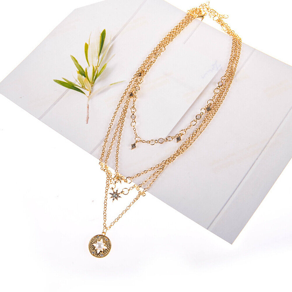 US Boho Women Multi-layer Long Chain Pendant Crystal Choker Necklace Jewelry