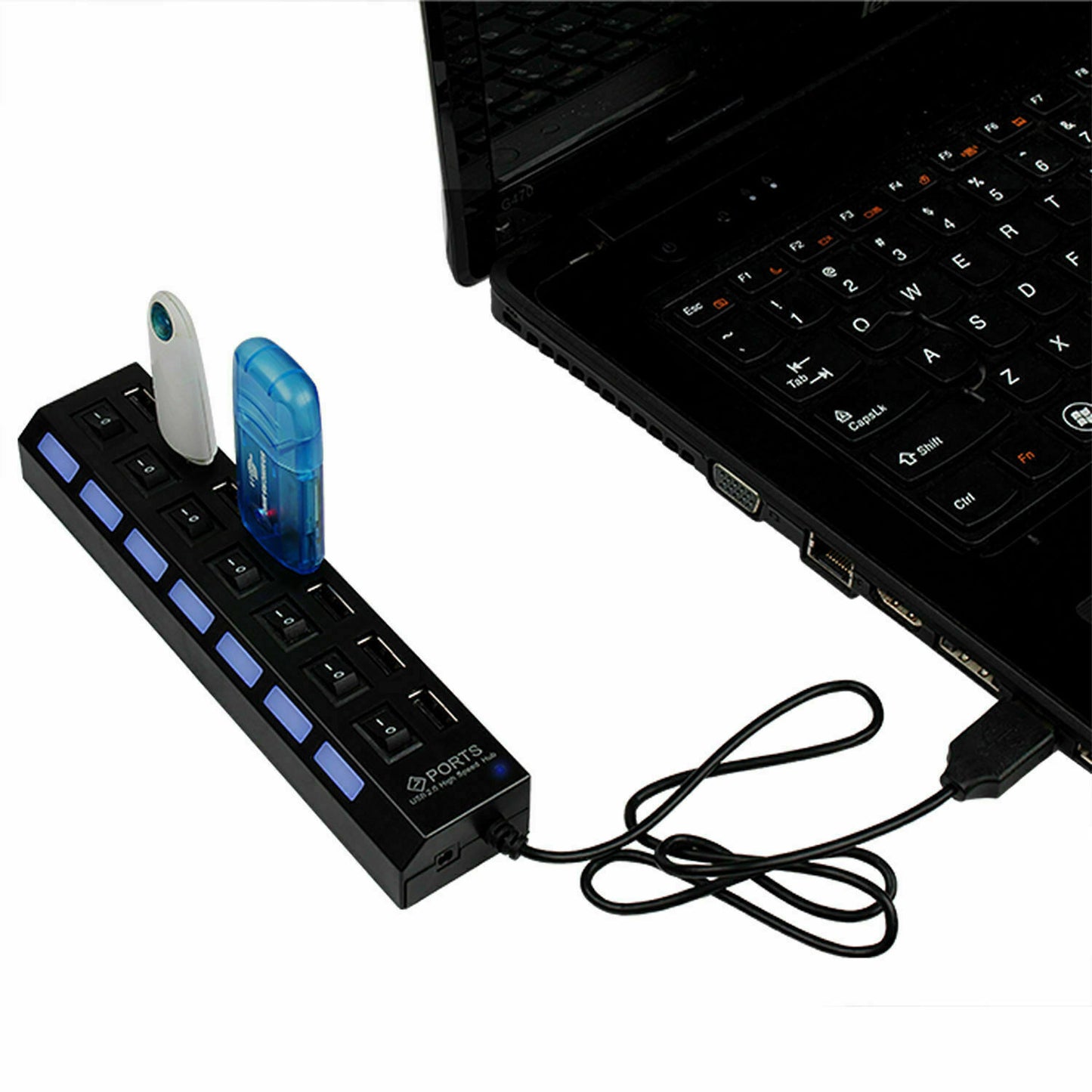 US 7 Port USB 2.0 Multi Charger Hub High Speed Adapter ON/OFF Switch Laptop/PC