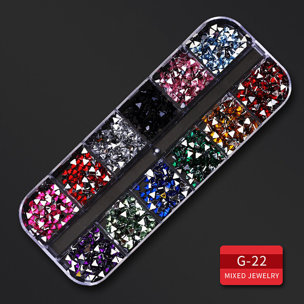 US 12 Grids Nail Glitter Flakes Sequins Rhinestones Pearl Nail Art Decorations