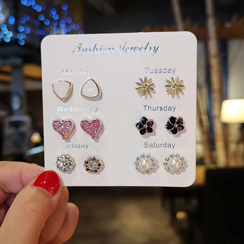 US 6~7 Pairs/Set Korean Style Week Earrings Set Crystal Rhinestone Ear Stud Gift