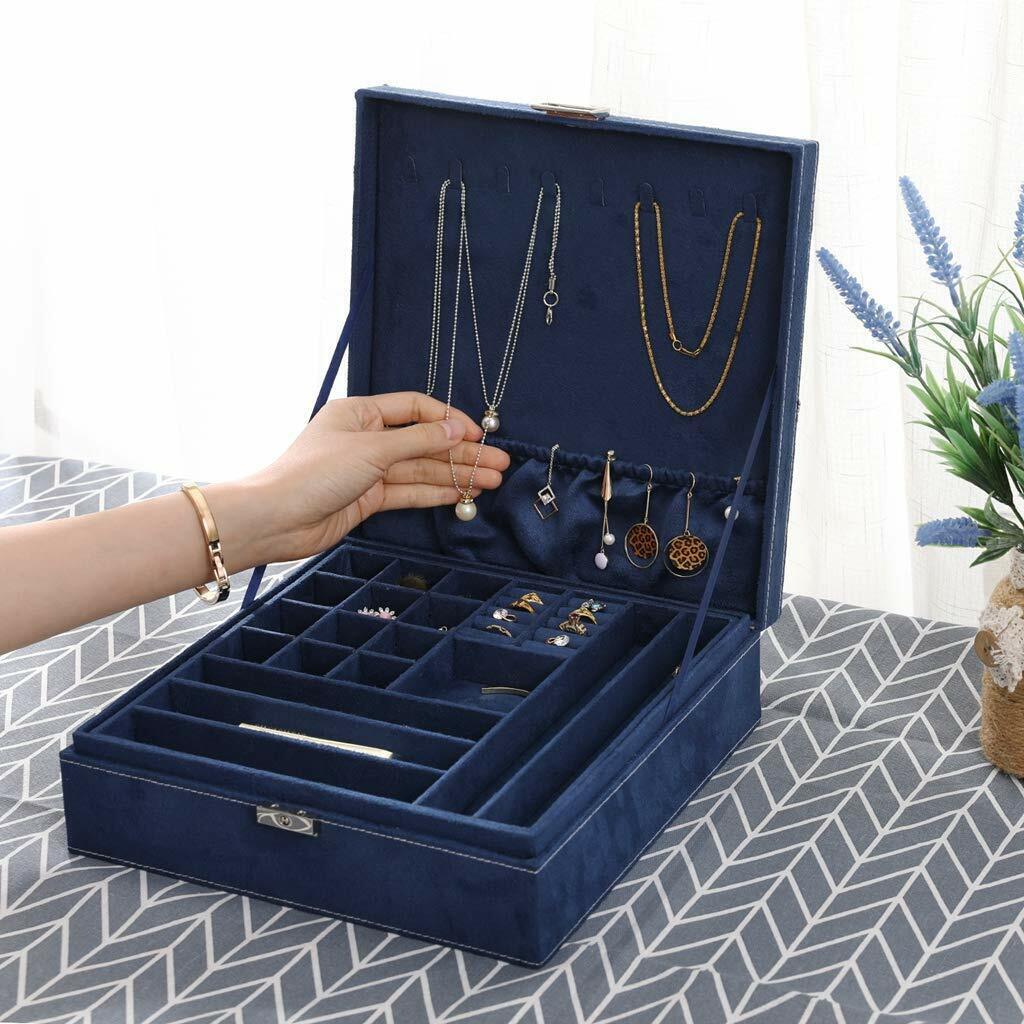 US Two-Layer Lint Large Jewelry Box Organizer Display Storage case with Lock