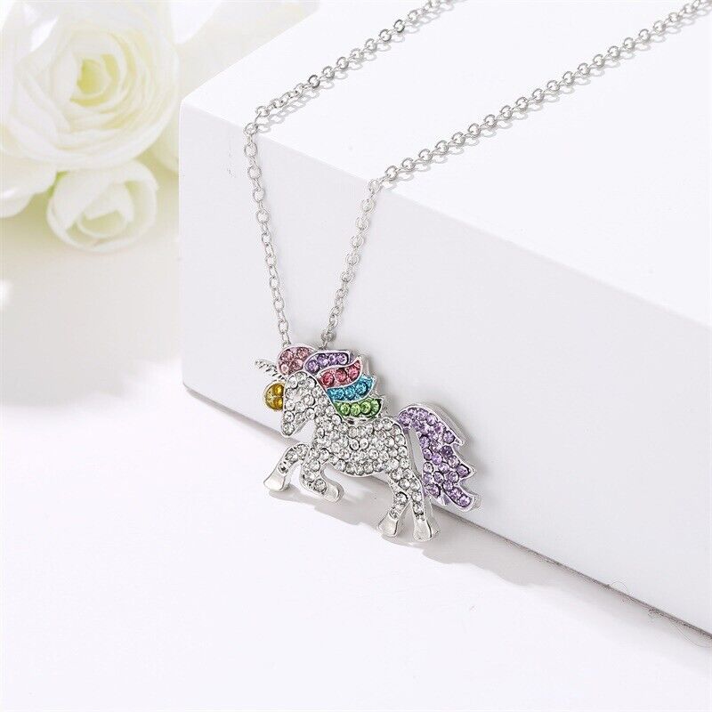 US Unicorn Jewelry Rainbow Rhinestone Crystal Necklace/ Bracelet/ Earring/ Ring
