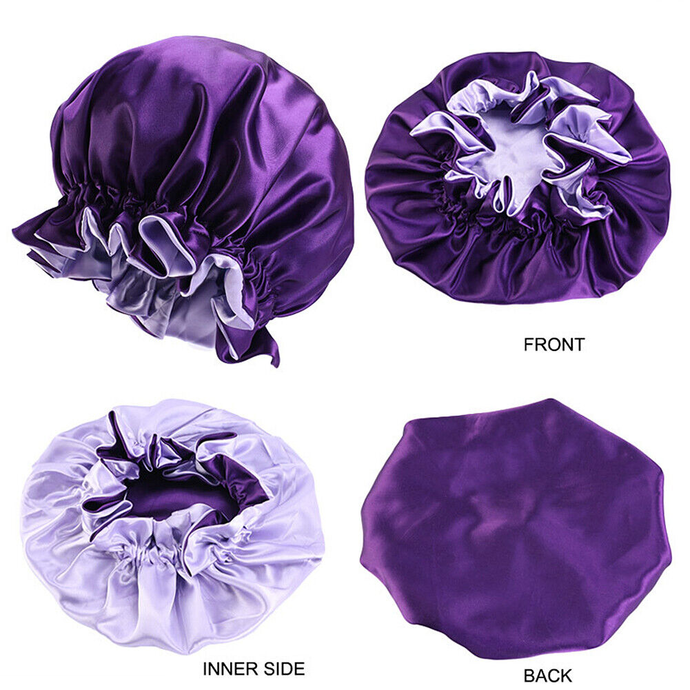 US Double-sided Satin Night Sleep Cap Hair Bonnet Hat Head Cover w/ Elastic Band