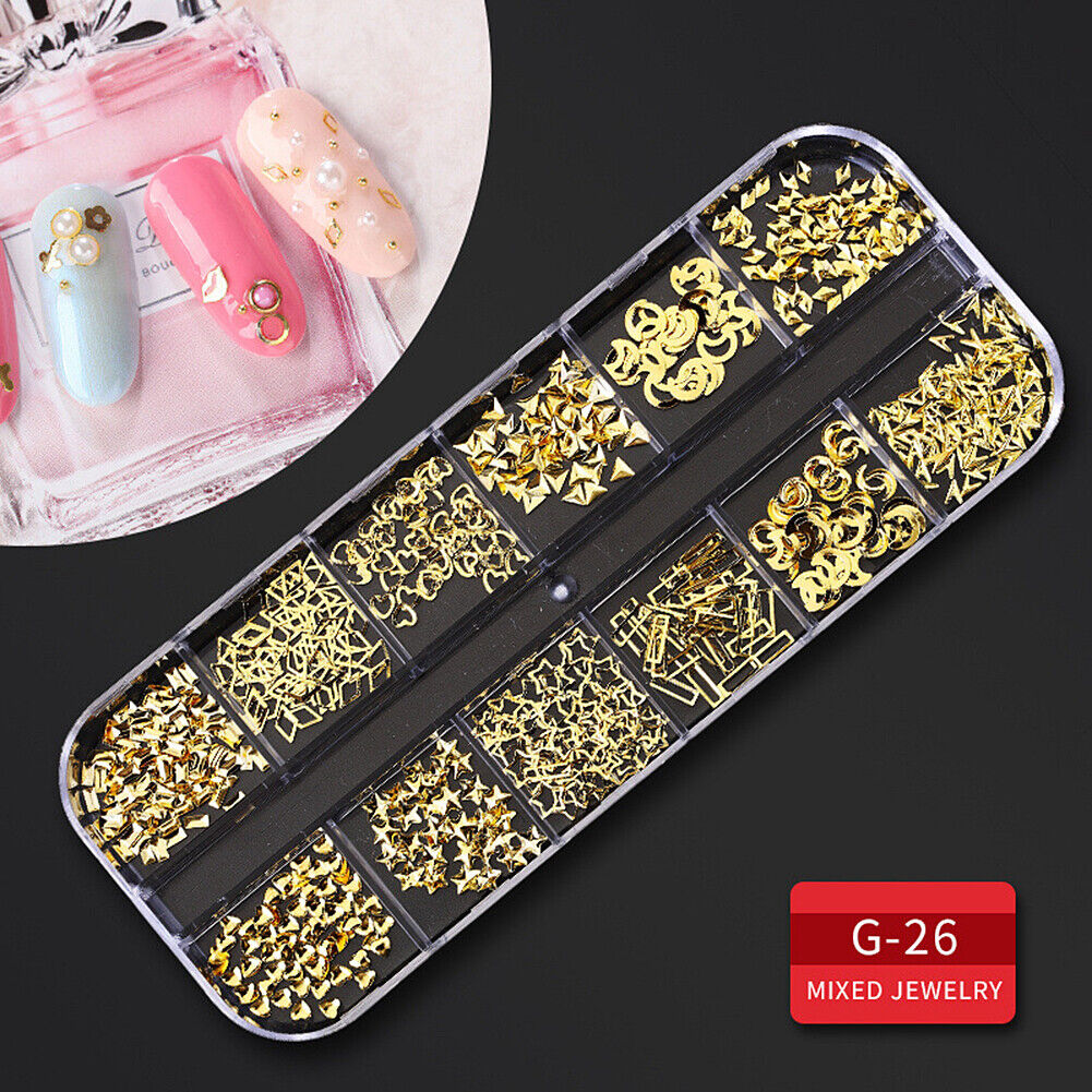 US 12 Grids Nail Glitter Flakes Sequins Rhinestones Pearl Nail Art Decorations