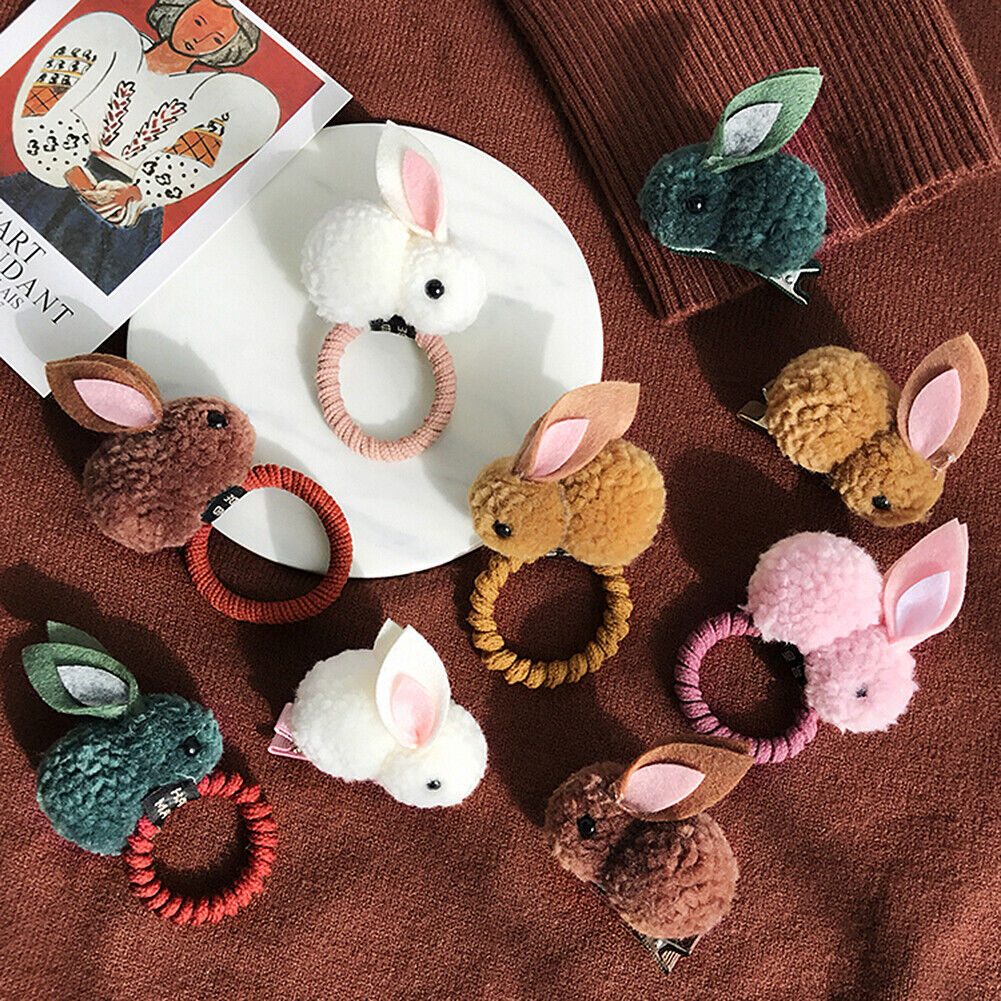 US Pompom Ball Rabbit Hair Rope Tie Ponytail Holder + Hair Clip Girl Gift Set