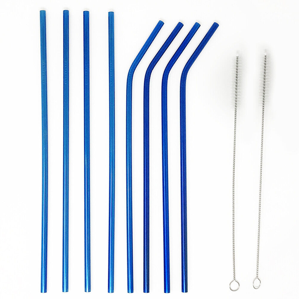 US 8pcs 10.5" Stainless Steel Ultra Long Metal Cocktail Straw + 2 Cleaner Brush