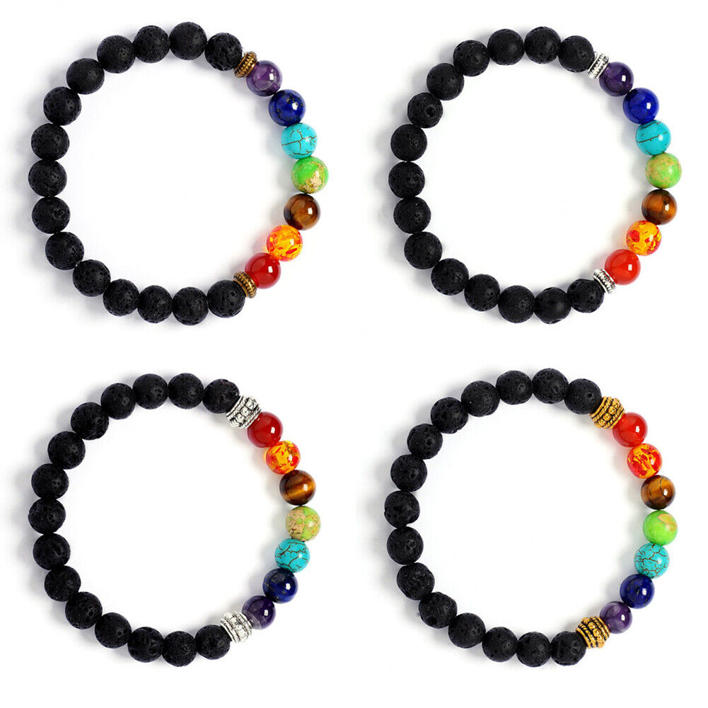 US 7-Chakra Healing Buddha Lion Drum Beads Lava Stone Reiki Meditation Bracelet