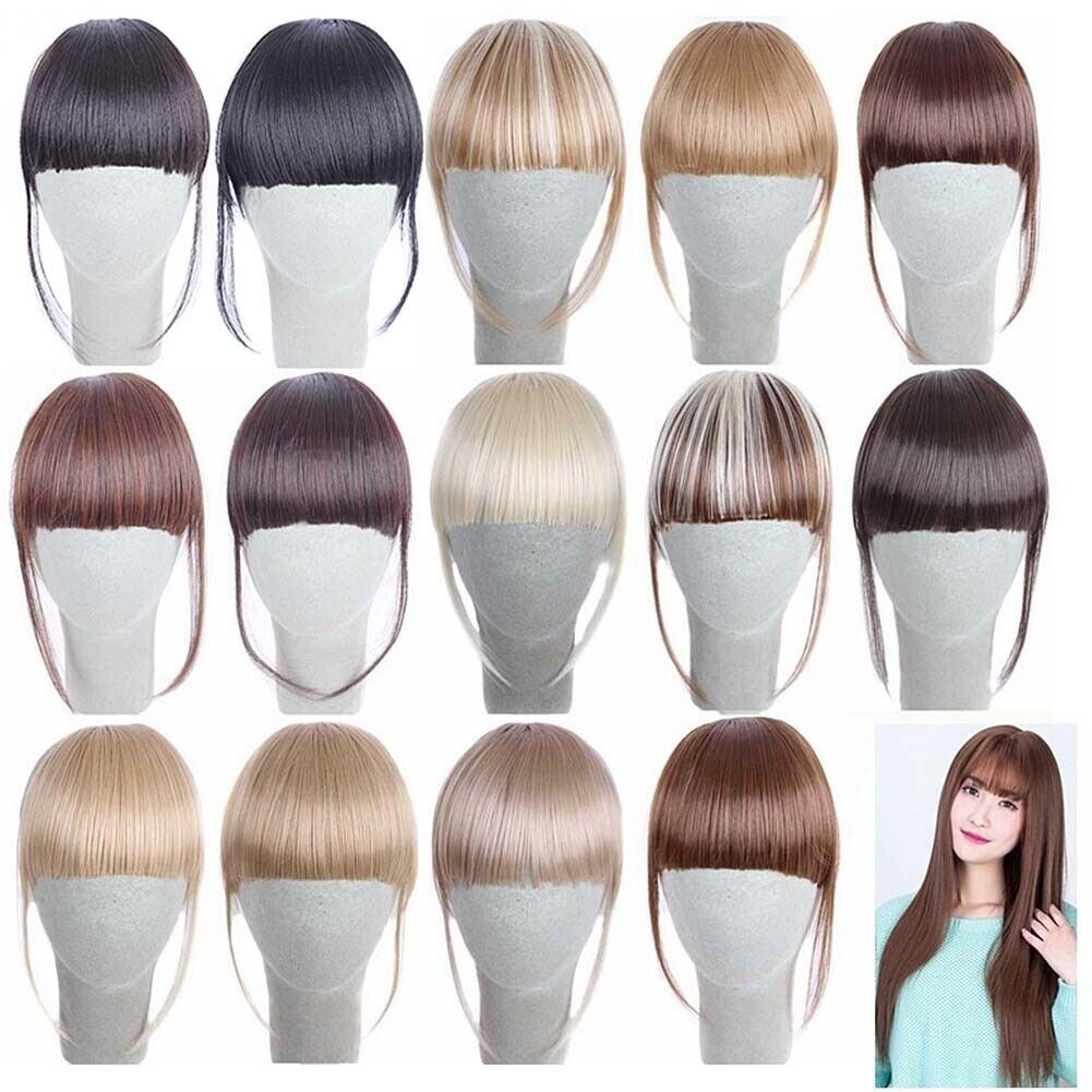 US Clip in on Thin Neat Bangs Human Hair Front Fringe Hair Extensions Hairpiece