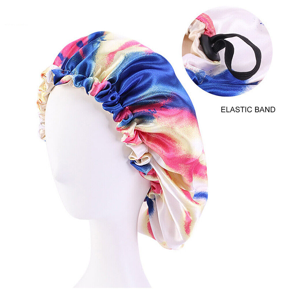 US Double-sided Satin Night Sleep Cap Hair Bonnet Hat Head Cover w/ Elastic Band