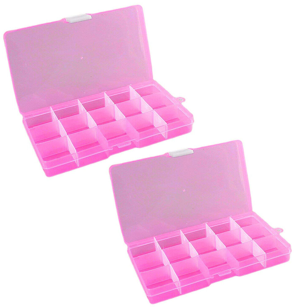 2 Pack Plastic Storage Box Jewelry Earring Tool Containers w/Divider, 10-15 Grid