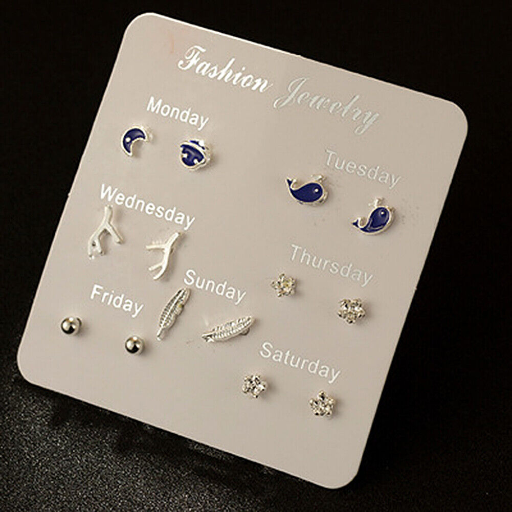 US 6~7 Pairs/Set Korean Style Week Earrings Set Crystal Rhinestone Ear Stud Gift