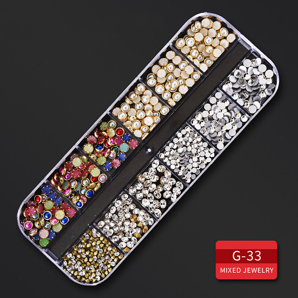 US 12 Grids Nail Glitter Flakes Sequins Rhinestones Pearl Nail Art Decorations