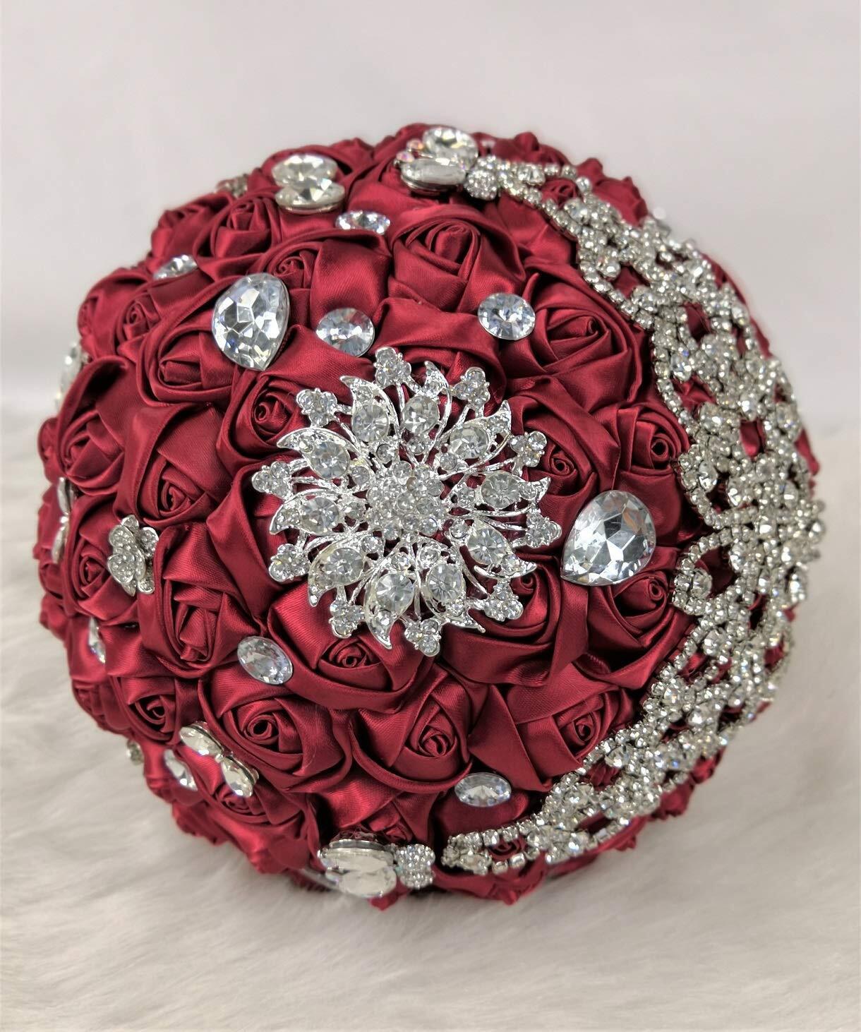 8 Inches Sparkle Rhinestone Brooch Bouquet - Satin Rose Bouquets