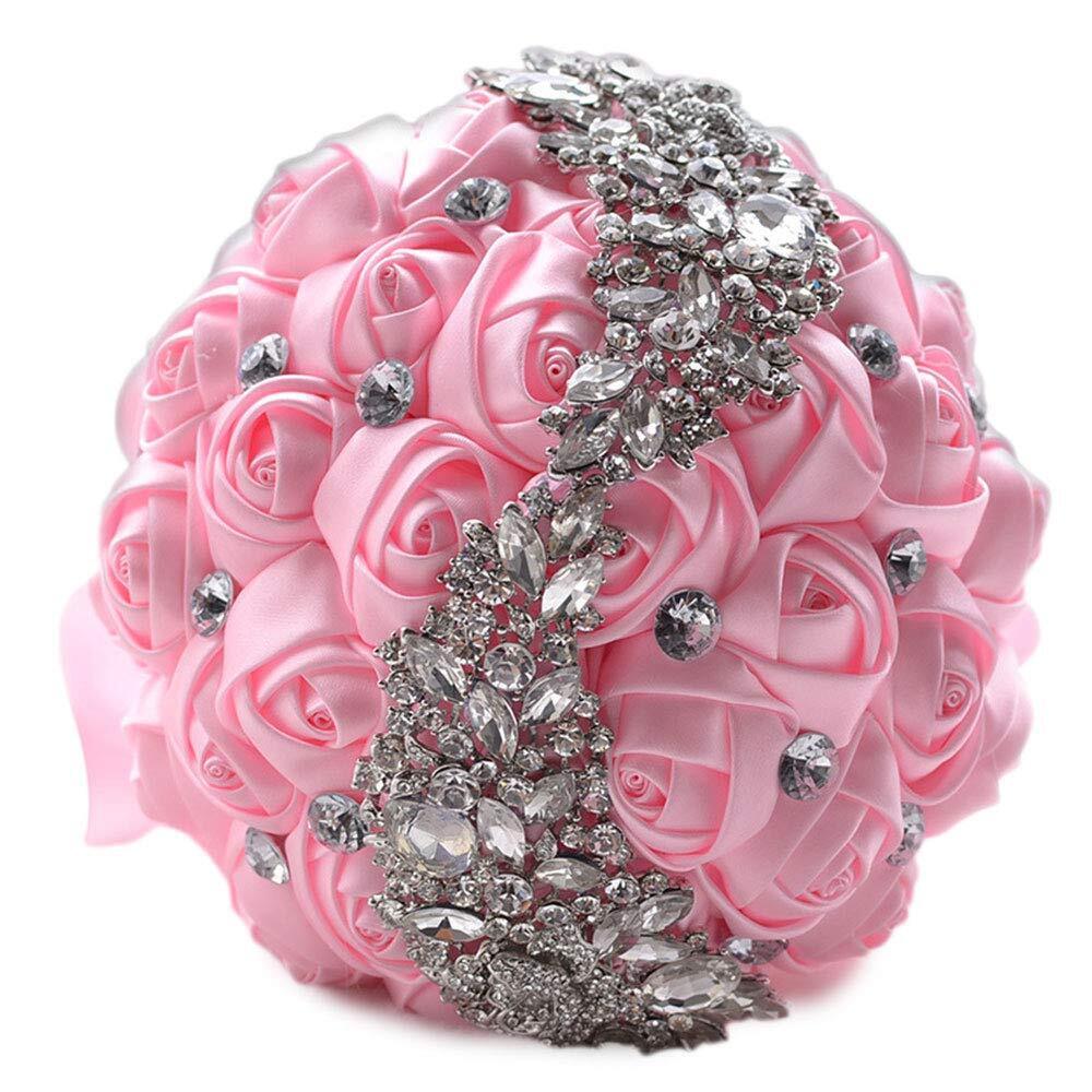 Satin Wedding Bouquet 7" Bride  Satin Rose Brooch Bouquet w/Crystal Rhinestone