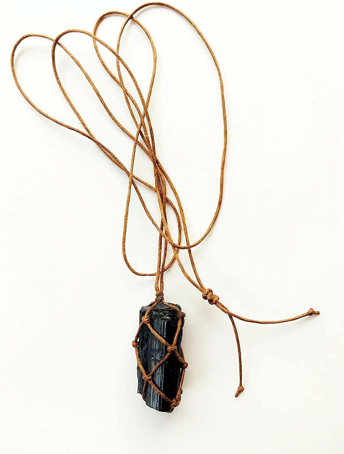 Raw Tourmaline Crystal Healing Chakra Pendant Hand Braided Necklace Protection