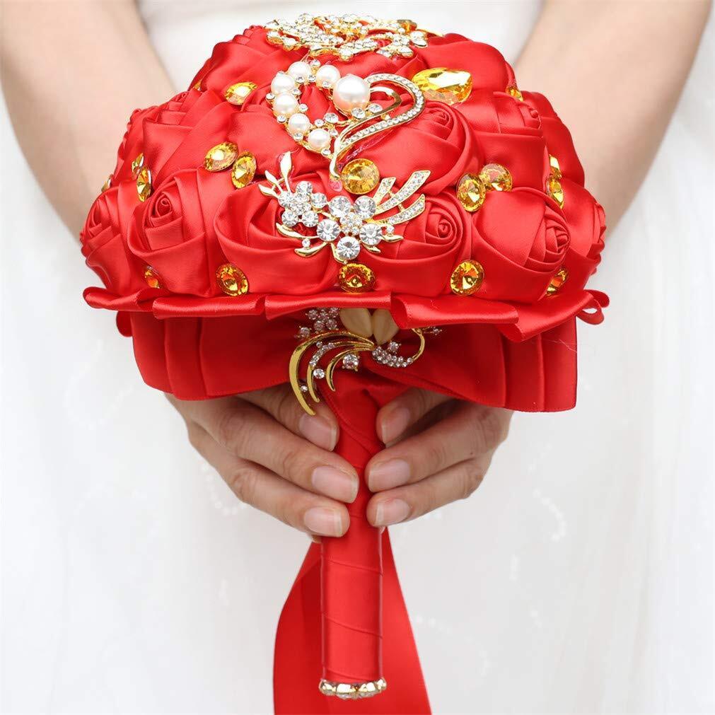 Customization Satin Rose Wedding Bouquet Gold Brooch Crystal Rhinestone .