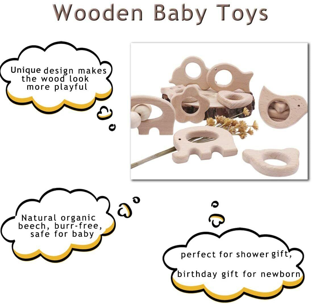 Baby Wooden Teether 11pc Wood Teething Toy Nature Animals Teething Relief Toys