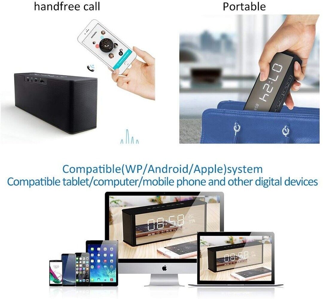 Wireless Speaker, Alarm Clock, Digital FM Radio, 3.5mm Aux Line-in TF Card Play