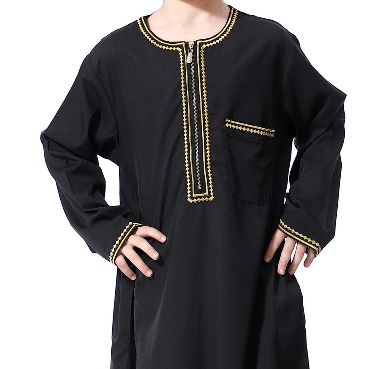 Arabic Thobe Muslim Thobe LongSleeve Kaftan Crew Collar Robe with Zipper for Boy