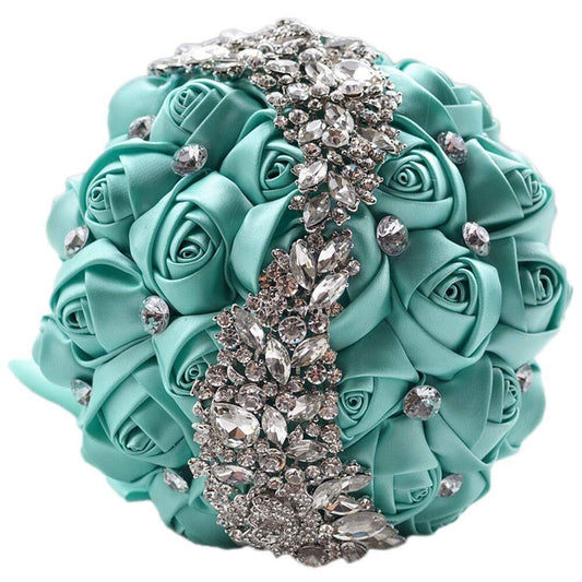 Satin Wedding Bouquet 7" Bride  Satin Rose Brooch Bouquet w/Crystal Rhinestone