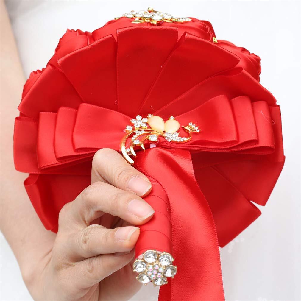 Customization Satin Rose Wedding Bouquet Gold Brooch Crystal Rhinestone .