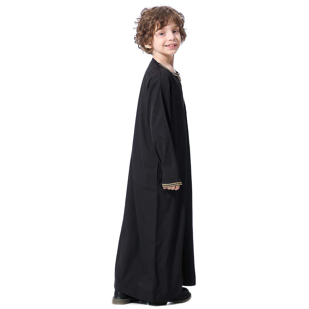 Arabic Thobe Muslim Thobe LongSleeve Kaftan Crew Collar Robe with Zipper for Boy