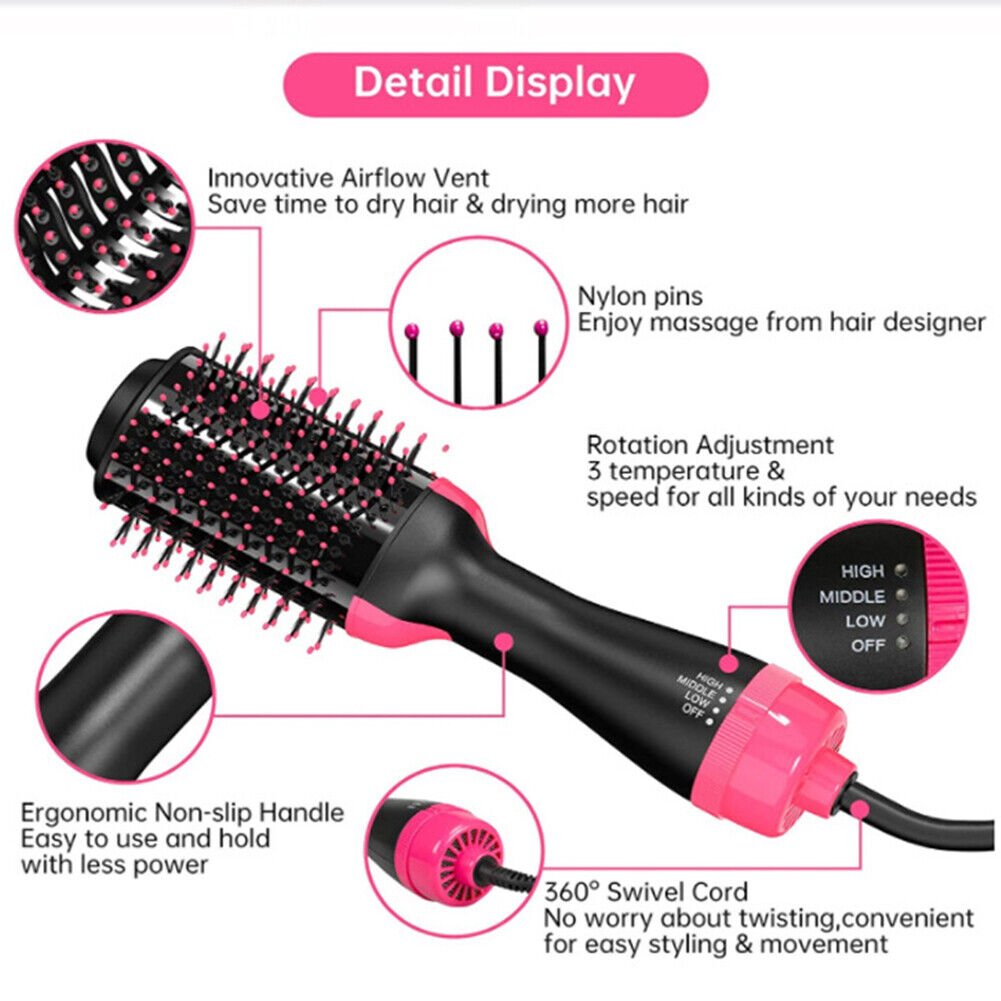 US 4-In-1 Hair Dryer Hot Air Blow Brush Detachable Volumizer Negative Ion Comb