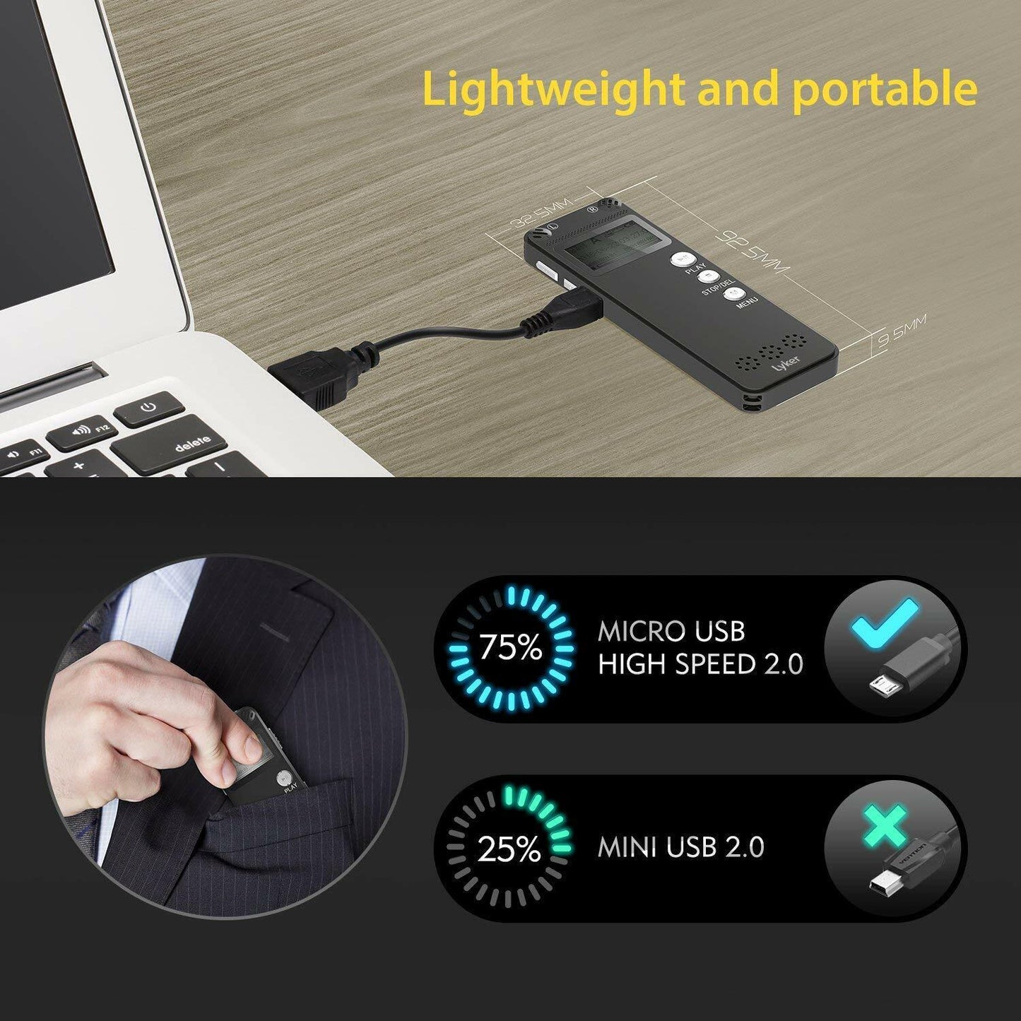 Lyker VM-31 Digital Voice Recorder for Lectures 8GB with Dual Microphone