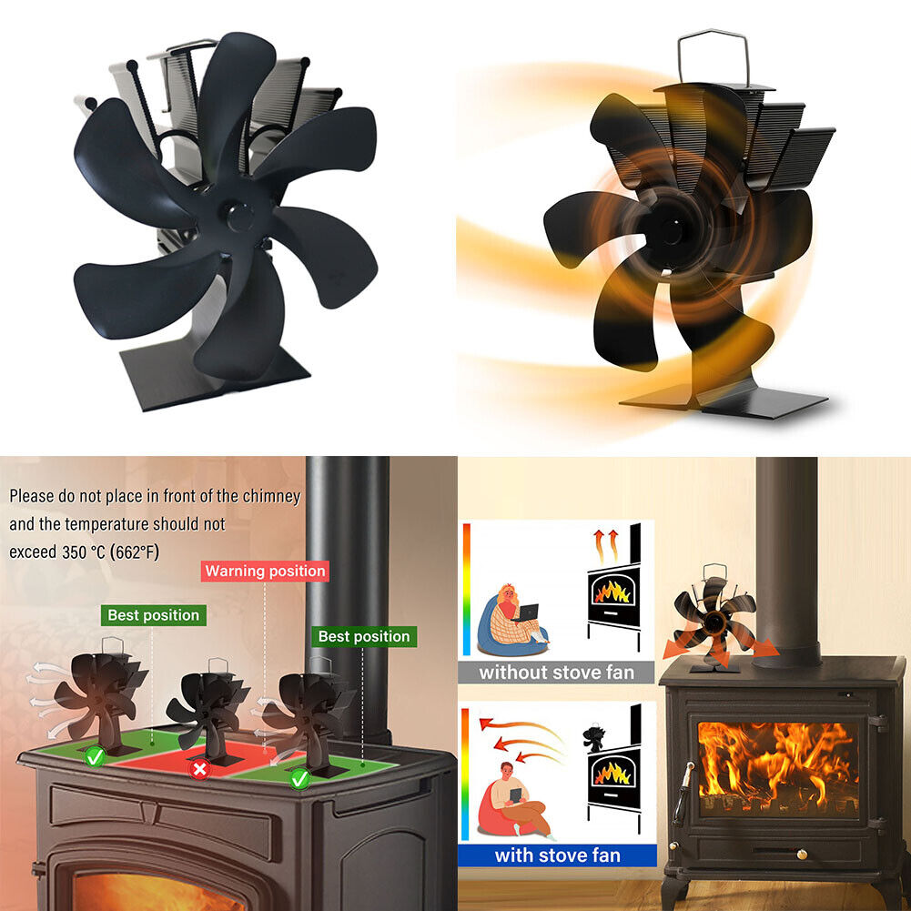 US 6 Blades Wood Stove Fan Heat Powered Eco Fireplace Fan Log Burner Fuel Saving