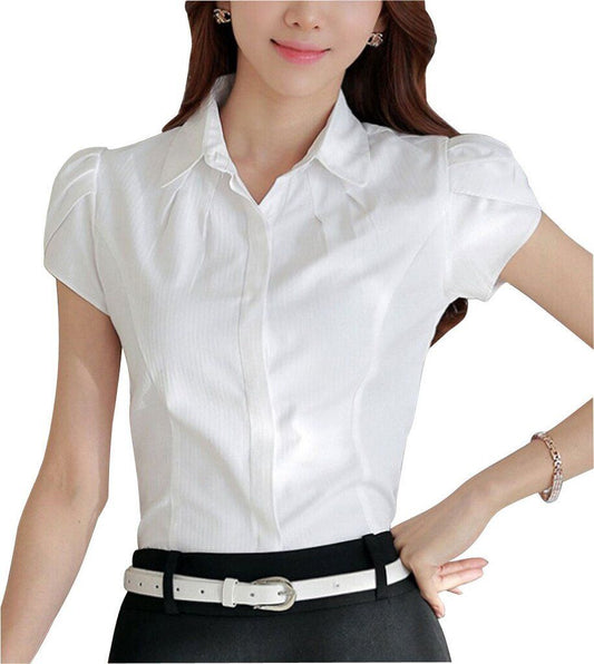 Women Cotton Collared Pleated Button Down Shirt Tulip Sleeve Blouse