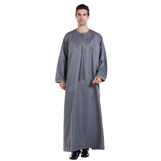 Men Arabic Long Sleeve Embroidery Thobe Crew Collar Kaftan Robe wit Braid Tassel
