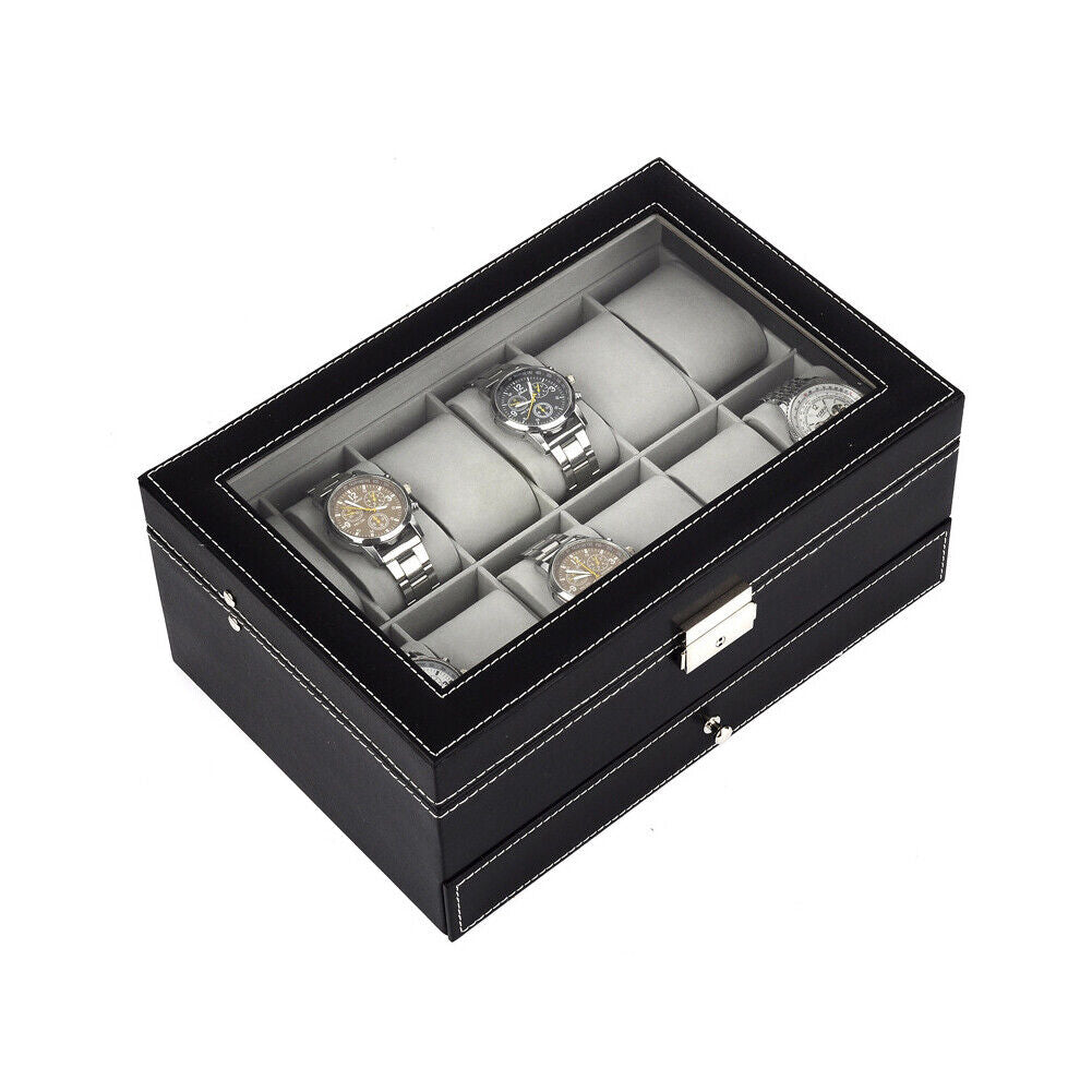 US12 Slot PU Leather Lockable Watch Storage Boxes Jewelry Display Drawer Case