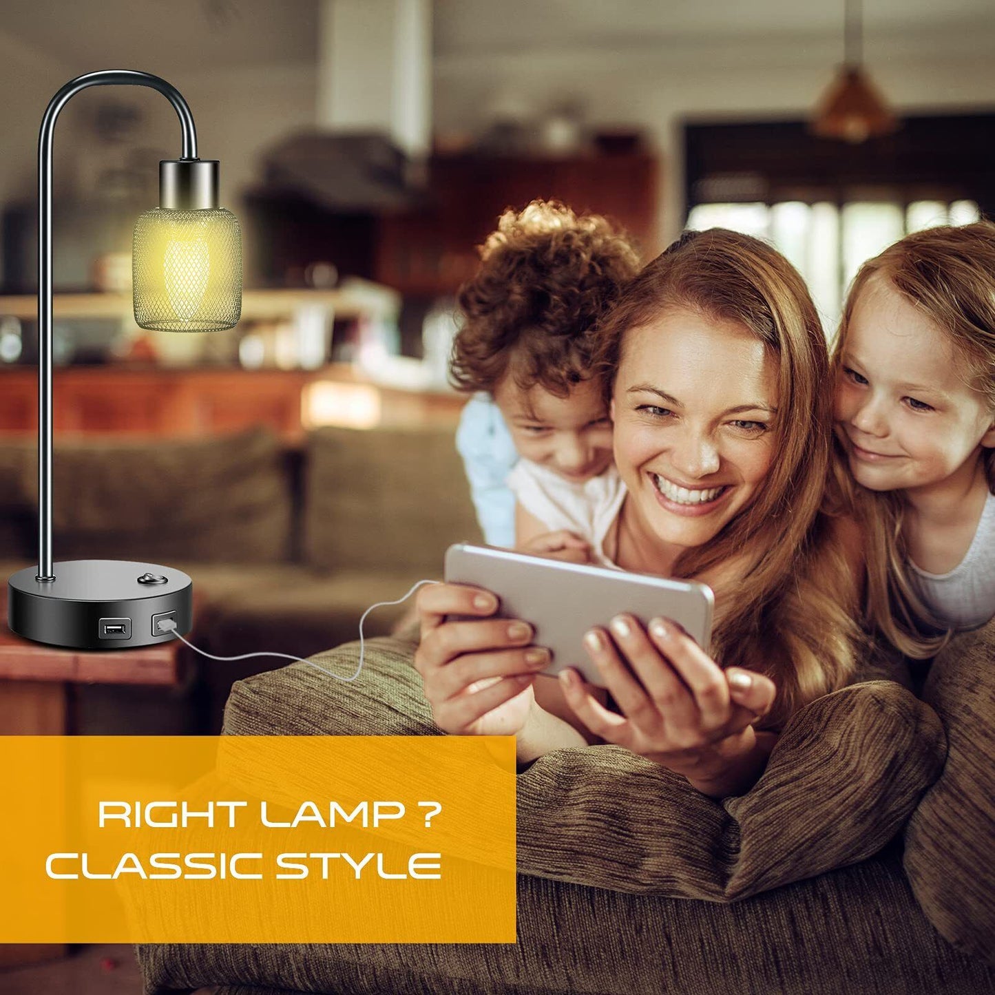 LED Black Cylinder Cage Lamp, 3 Way Dimmable Table Lamp with 2 USB Charging Port