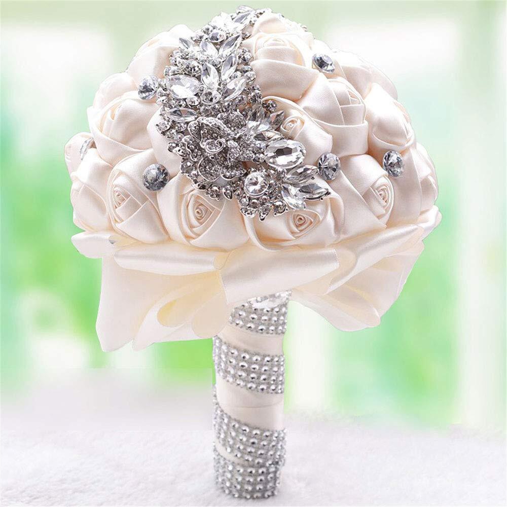 Satin Wedding Bouquet 7" Bride  Satin Rose Brooch Bouquet w/Crystal Rhinestone