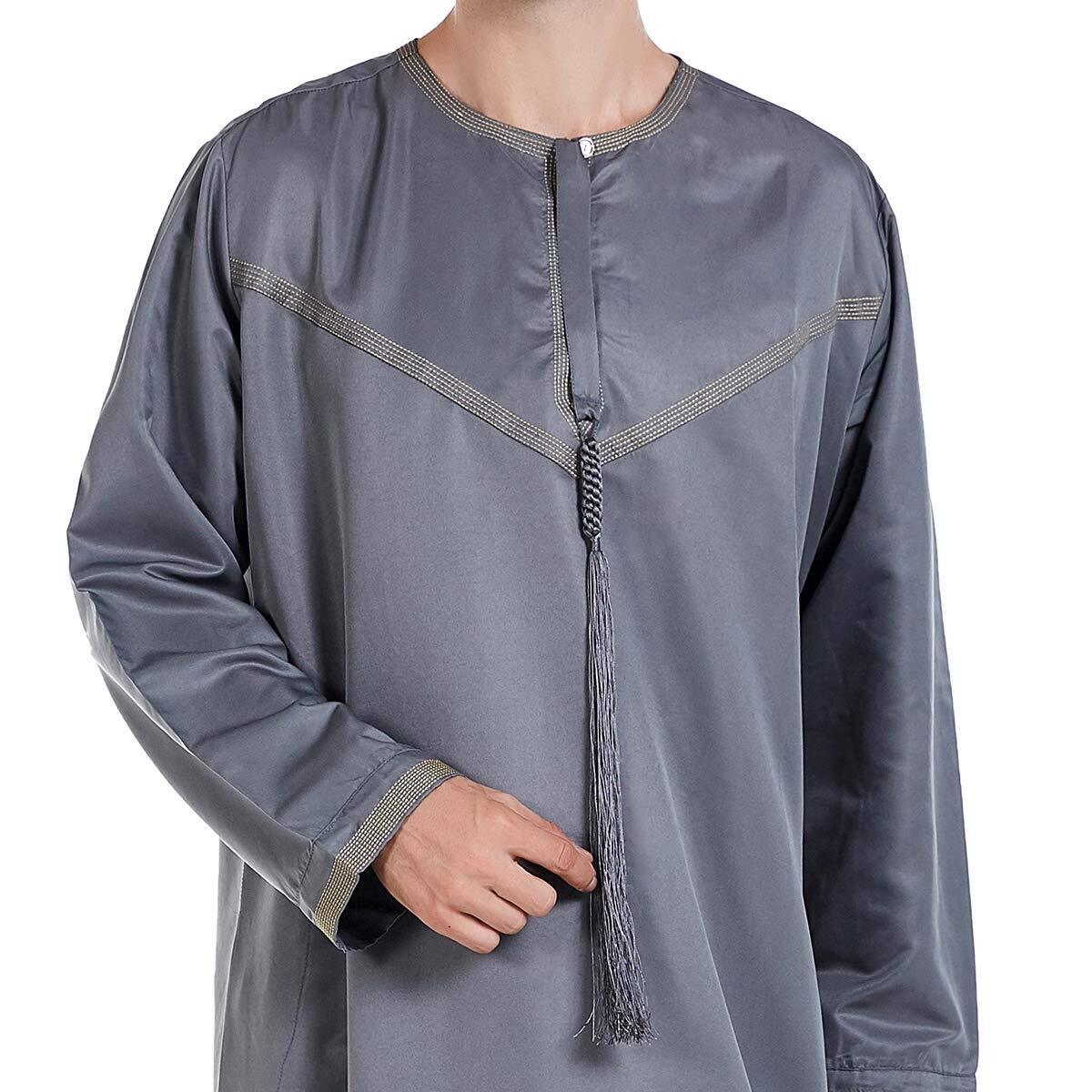 Men Arabic Long Sleeve Embroidery Thobe Crew Collar Kaftan Robe wit Braid Tassel