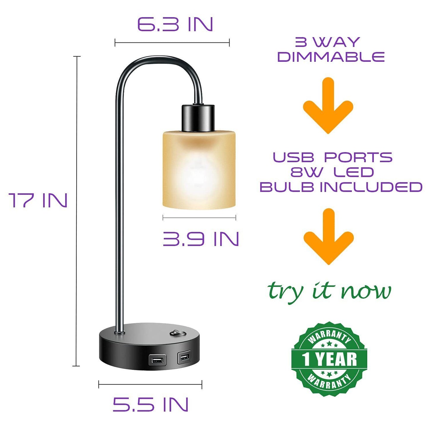 8W LED Bedside Black Table Lamp, 3 Way Dimmable Lamps with 2 USB Charging Port