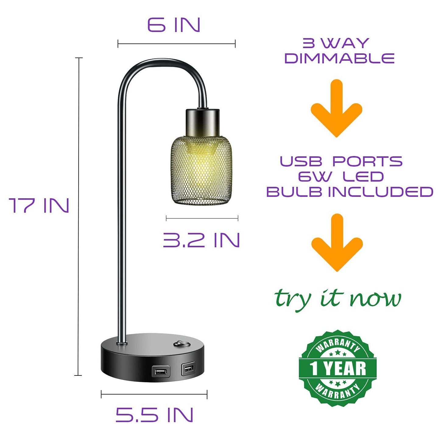 LED Black Cylinder Cage Lamp, 3 Way Dimmable Table Lamp with 2 USB Charging Port