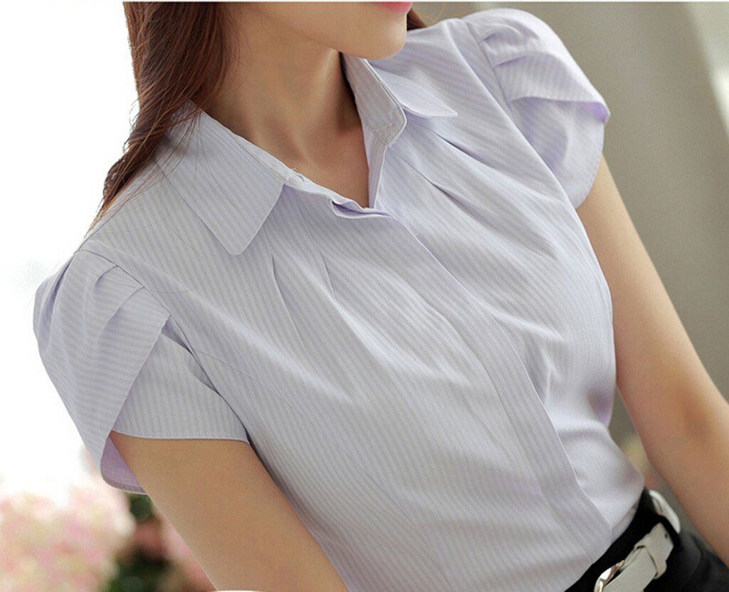 Women Cotton Collared Pleated Button Down Shirt Tulip Sleeve Blouse