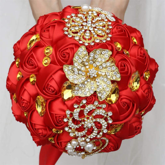 Customization Satin Rose Wedding Bouquet Gold Brooch Crystal Rhinestone .