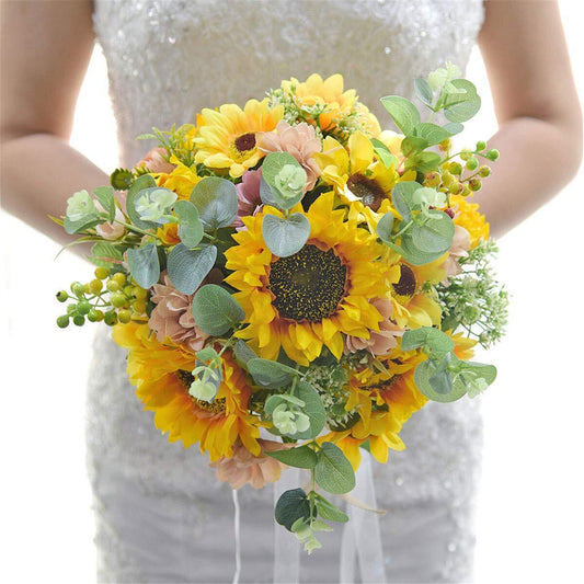 10.5" Bridal Holding Wedding Sunflower Mixed with Small Flowers