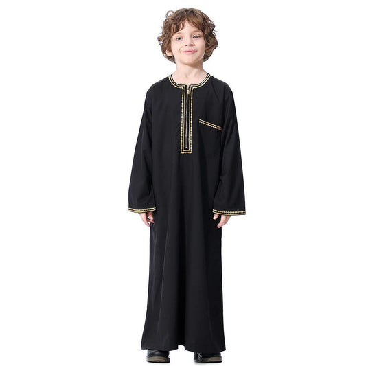 Arabic Thobe Muslim Thobe LongSleeve Kaftan Crew Collar Robe with Zipper for Boy