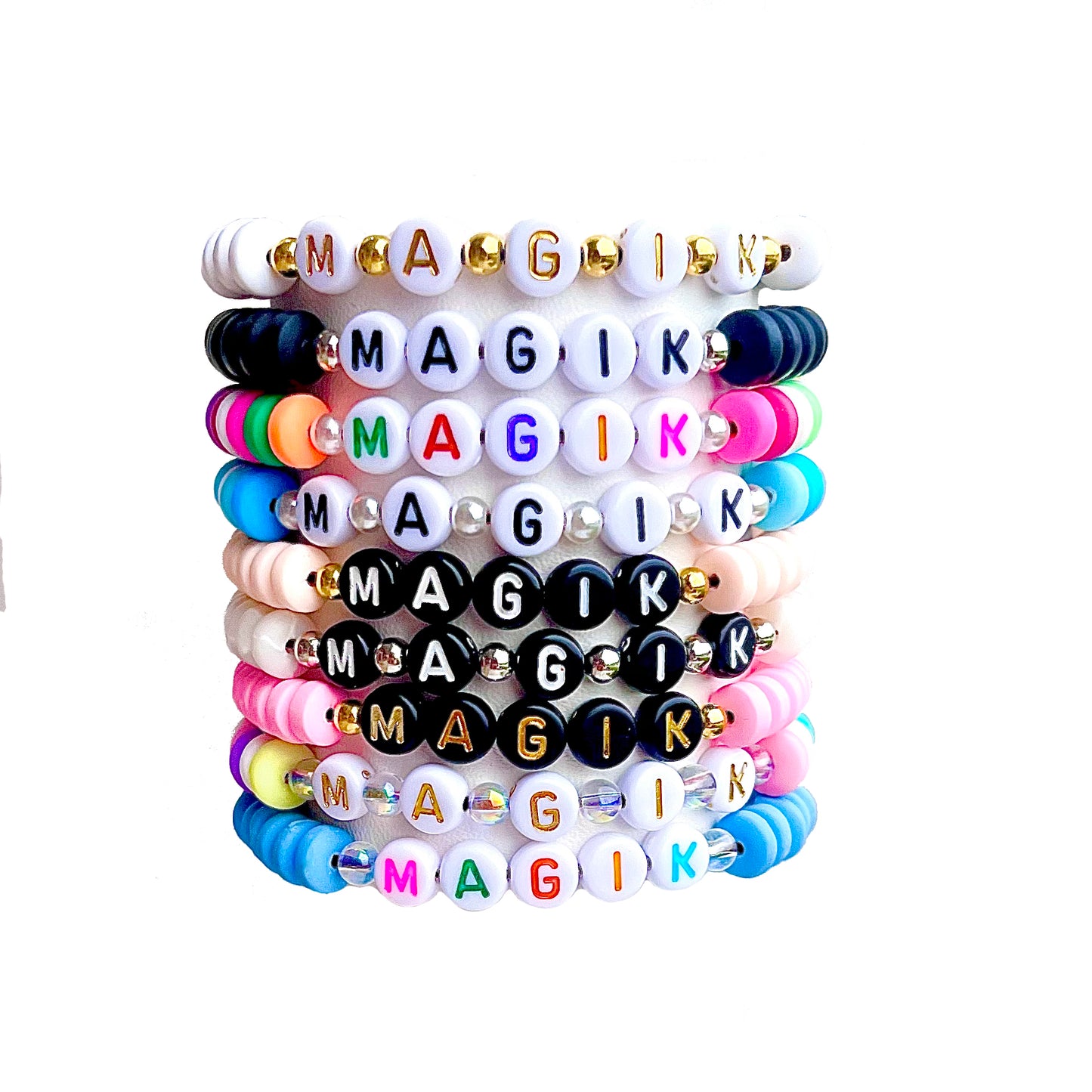 Magik Custom Frosted Rondelle Heishi Name Bracelet Elastic Stretch Bracelet Soft Ceramic Mama Bracelet Personalize Gift for Men Women Boy Girl