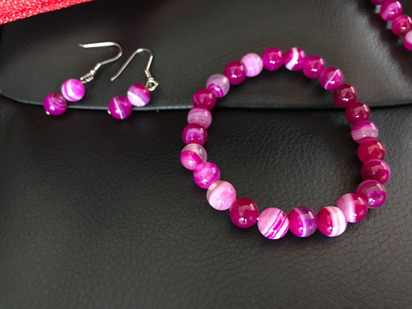 PURPLE AGATE SET OF NECKLACE + STRETCHABLE BRACELET + EARRING